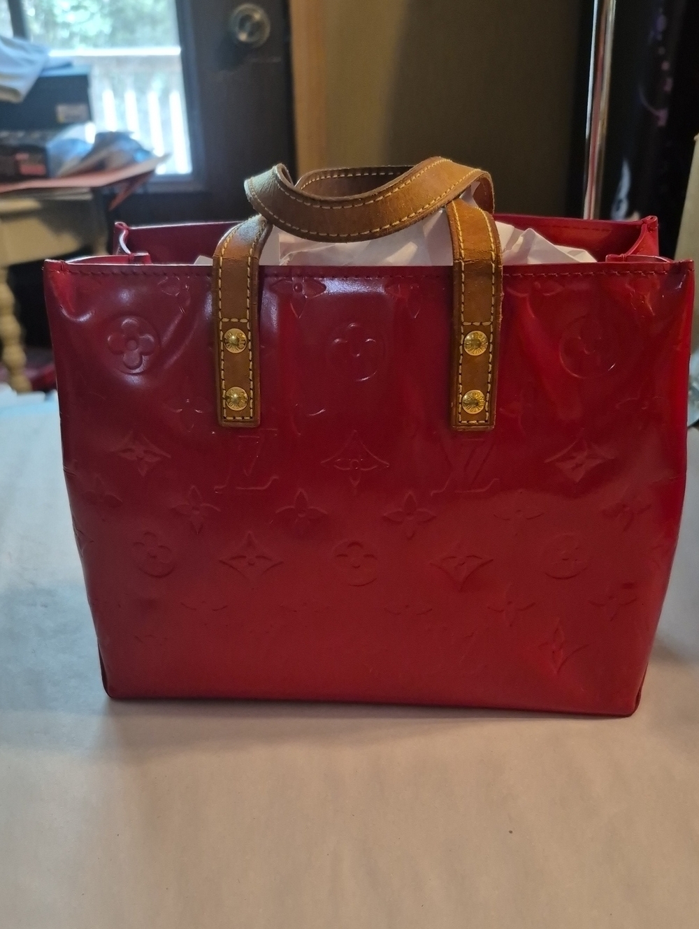 Louis Vuitton Red Vernis Leather Tote with Tan Handles